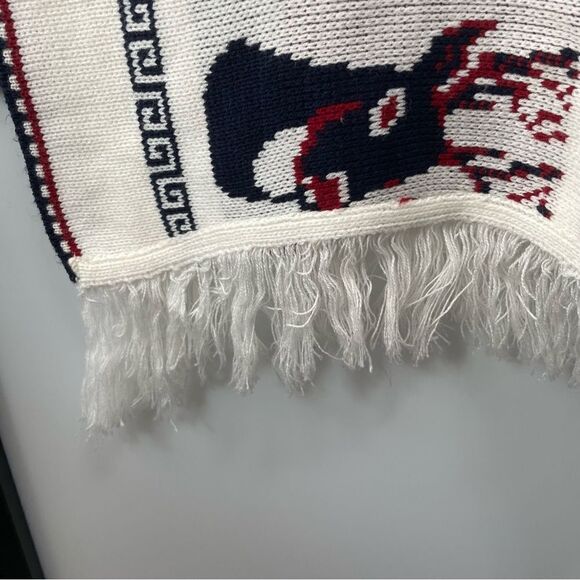 [l] Creme White Knit Holiday Poncho Sweater with Navy Blue & Red Reindeer Print - Picture 10 of 14